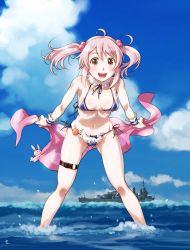 Rule 34 | 1girl, bikini, blue bikini, blue sky, blush, breasts, cloud, commentary request, day, destroyer, hair between eyes, hair bobbles, hair ornament, kantai collection, looking at viewer, military, military vehicle, navel, open mouth, pink eyes, pink hair, rabbit, sameha ikuya, sazanami (kancolle), ship, side ponytail, sky, small breasts, swimsuit, twintails, warship, watercraft