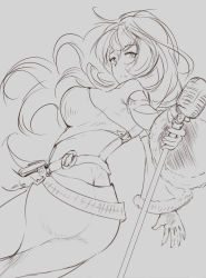 Rule 34 | 1girl, ass, bad id, bad pixiv id, belt, breasts, detached sleeves, eileen (terra battle), from behind, grey background, highres, large breasts, lineart, long hair, looking at viewer, looking back, microphone stand, monochrome, mth43, open mouth, see-through, sketch, skirt, solo, standing, terra battle
