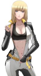 Rule 34 | 1girl, abs, belt, black sports bra, blonde hair, blue eyes, blunt bangs, bodysuit, breasts, cleavage, closed mouth, collarbone, commentary, cowboy shot, english commentary, gauntlets, highres, long sleeves, looking at viewer, medium breasts, midriff, navel, original, short hair, sidelocks, simple background, solo, sports bra, standing, sthreep, unzipping, white background, white bodysuit, yellow belt