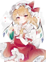 Rule 34 | 1girl, blonde hair, blush, cowboy shot, crystal, cup, flandre scarlet, hat, heart, highres, holding, holding cup, looking at viewer, mob cap, one side up, parfait, pointy ears, red eyes, simple background, solo, sorani (kaeru0768), touhou, white background, white hat, wings