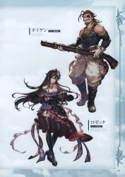 Rule 34 | 1boy, 1girl, absurdres, argyle, argyle clothes, argyle legwear, bare shoulders, belt, boots, breasts, brown footwear, brown hair, cleavage, closed mouth, collar, crossed arms, dagger, dress, eugen (granblue fantasy), eyepatch, facial hair, floral print, flower, garter straps, gloves, granblue fantasy, gun, hair flower, hair ornament, high heels, highres, holding, holding weapon, knife, large breasts, lips, long hair, looking at viewer, makeup, minaba hideo, muscular, official art, page number, pants, rifle, rose, rosetta (granblue fantasy), scan, short hair, side slit, sidelocks, simple background, sleeveless, strapless, strapless dress, thighhighs, thorns, weapon, white gloves