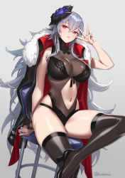 Rule 34 | 1girl, arm support, azur lane, black footwear, black one-piece swimsuit, black thighhighs, breasts, cleavage, closed mouth, clothing cutout, commentary request, covered erect nipples, crossed bangs, crossed legs, cuboon, flower, fur trim, graf zeppelin (azur lane), graf zeppelin (beachside urd) (azur lane), greyscale, hair between eyes, hair flower, hair ornament, hand up, head tilt, high heels, highres, jacket, jacket on shoulders, large breasts, long hair, looking at viewer, monochrome, navel, navel cutout, one-piece swimsuit, red eyes, see-through, sidelocks, silver hair, simple background, sitting, sitting on person, solo, swimsuit, thighhighs, thighs, twitter username, very long hair