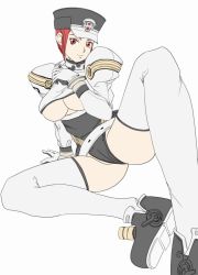 Rule 34 | 1girl, atlus, belt, boots, breasts, cameltoe, gloves, gouketsuji ichizoku, groove on fight, hat, legs, leotard, looking at viewer, mitake 2000, police, police uniform, policewoman, red eyes, red hair, short hair, shoulder pads, simple background, sitting, smile, solis r8000, solo, thighhighs, underboob, uniform, white background