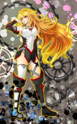 Rule 34 | 1girl, armpits, bare shoulders, boots, breasts, detached sleeves, grey background, highres, lips, long hair, milla (fractured), multicolored hair, orange hair, pink eyes, ribbon, skirt, tales of (series), tales of xillia, tales of xillia 2