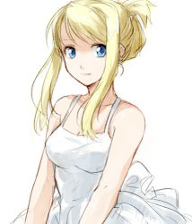 Rule 34 | 1girl, arms at sides, bare arms, bare shoulders, blonde hair, blue eyes, breasts, close-up, dress, expressionless, fullmetal alchemist, looking at viewer, looking away, lowres, medium breasts, riru, simple background, sleeveless, sleeveless dress, smile, solo, upper body, white background, white dress, winry rockbell