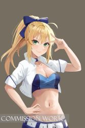 Rule 34 | 1girl, ahoge, artoria pendragon (fate), bandeau, belt, blonde hair, blue choker, bow, breasts, choker, cleavage, closed mouth, collarbone, commission, cropped jacket, fate/grand order, fate (series), green eyes, grey background, hair bow, hand on own hip, hand up, high collar, highres, jacket, long hair, looking at viewer, medium breasts, midriff, navel, open clothes, open jacket, ponytail, race queen, saber (fate), saber (type-moon racing) (fate), short sleeves, simple background, smile, smodzz998, solo, stomach, strapless, tube top, upper body, white jacket
