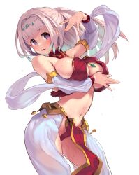 Rule 34 | 1girl, absurdres, arabian clothes, blush, breasts, crossed arm, detached sleeves, gold, hand on own chest, highres, kirikawa ikumu, large breasts, long hair, navel, open mouth, original, purple eyes, smile, sweat, v, veil, white background, white hair