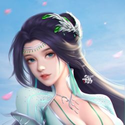 Rule 34 | 1girl, absurdres, black hair, blue eyes, cleavage cutout, clothing cutout, collared dress, doupo cangqiong, dress, earrings, falling petals, green dress, hair bun, highres, jewelry, long hair, necklace, petals, second-party source, solo, tassel, tassel earrings, teeth, upper body, xie ling, yun yun (doupo cangqiong)