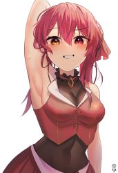 Rule 34 | 1girl, absurdres, arm up, armpits, blush, breasts, cleavage, heterochromia, highres, hololive, houshou marine, may.l, parted lips, red eyes, red hair, see-through, see-through cleavage, simple background, solo, sweat, teeth, virtual youtuber, white background, yellow eyes