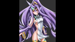 Rule 34 | 1girl, arc system works, bare shoulders, blazblue, blazblue: central fiction, blush, border, bottomless, breasts, detached sleeves, hades izanami, headgear, long hair, looking at viewer, mikado (blazblue), nagishy, no bra, no panties, purple hair, red eyes, solo, thighhighs, very long hair