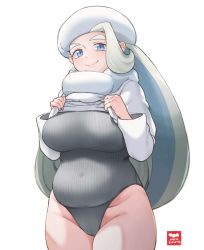 Rule 34 | 1girl, blue eyes, breasts, cantaloupe, clothes lift, covered navel, creatures (company), earrings, food, fruit, game freak, geso smith, grey hair, grey leotard, hat, heattech leotard, highres, jewelry, large breasts, leotard, long hair, mature female, melony (pokemon), nail polish, nintendo, plump, pokemon, pokemon swsh, ribbed leotard, ring, simple background, smile, solo, sparkle, sweater, sweater lift, thick thighs, thighs, turtleneck, wedding band, white background, white hat, white sweater