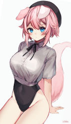 Rule 34 | 1girl, absurdres, animal ears, arm support, artist name, blue eyes, breasts, commentary, covered navel, cowboy shot, dog ears, dog girl, dog tail, english commentary, hair between eyes, highres, leotard, looking at viewer, medium breasts, pink hair, short hair, short sleeves, simple background, solo, tail, twitter username, virtual youtuber, vyugen, watermark, white background, yuniiho, yuniiho (vtuber)