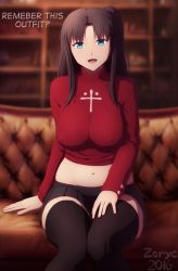 Rule 34 | 1girl, aged up, black hair, black thighhighs, blue eyes, breasts, commentary, covered erect nipples, english text, fate/stay night, fate (series), highres, large breasts, looking at viewer, microskirt, midriff, navel, no bra, open mouth, sitting, skirt, smile, solo, thighhighs, thighs, tohsaka rin, zettai ryouiki, zoryc