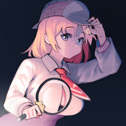 Rule 34 | 1girl, arm up, black bra, blonde hair, blue eyes, bra, breasts, brown hat, button gap, cleavage, collared shirt, deerstalker, dismassd, hair ornament, hat, holding, holding magnifying glass, hololive, hololive english, large breasts, long sleeves, magnifying glass, necktie, open clothes, red necktie, shirt, short hair, short necktie, solo, underwear, virtual youtuber, watson amelia, watson amelia (1st costume), white shirt