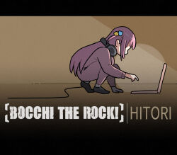 Rule 34 | 1girl, album cover redraw, bocchi the rock!, character name, commentary, computer, copyright name, derivative work, from side, gotoh hitori, headphones, headphones around neck, jacket, laptop, linkin park, long hair, meteora (linkin park), one side up, ooishi oil, pants, pink hair, pink jacket, pink pants, solo, squatting, track jacket, track pants