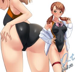 Rule 34 | 1girl, ass, blush, bow, bowtie, breasts, bridal garter, brown hair, collarbone, commentary request, competition swimsuit, covered navel, dated, hand on own ass, hand on own hip, highleg, highres, hojo karen, idolmaster, idolmaster cinderella girls, looking at viewer, low twintails, medium breasts, one-piece swimsuit, shirt, signature, simple background, solo, sweatdrop, swimsuit, swimsuit under clothes, twintails, yellow eyes, yoo tenchi