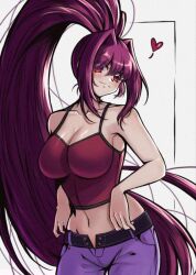Rule 34 | 1girl, bare shoulders, breasts, cleavage, crop top, heart, high ponytail, highres, large breasts, long hair, looking at viewer, midriff, navel, open pants, pants, ponii, purple hair, sleeveless, smile, solo, spaghetti strap, unbuttoned, unbuttoned pants, under night in-birth, unzipped, unzipped pants, very long hair, yuzuriha (under night in-birth)