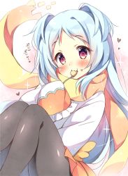 Rule 34 | 1girl, :3, :t, black pantyhose, blue hair, blush, brown scarf, closed mouth, commentary request, dress, eating, food, food on face, frilled sleeves, frills, fringe trim, heart, holding, holding spoon, knees up, long hair, looking at viewer, miyako (princess connect!), pan (mimi), pantyhose, princess connect!, pudding, red eyes, scarf, sitting, solo, sparkle background, spoon, translation request, two side up, very long hair, white dress