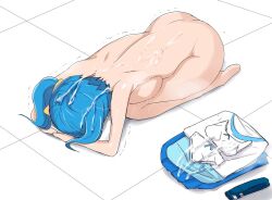 Rule 34 | 1girl, all fours, ass, barefoot, blue hair, breasts, completely nude, cum, cum on body, cum on clothes, cum on hair, dogeza, hirogaru sky! precure, jiseki, medium breasts, naked dogeza, nude, precure, side ponytail, solo, sora harewataru, thighs, unworn clothes