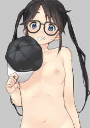 Rule 34 | 1girl, :d, baseball cap, black-framed eyewear, black hair, black hat, blue eyes, blush, breasts, brown hair, collarbone, completely nude, convenient censoring, covering one breast, covering privates, glasses, grey background, hat, highres, holding, holding clothes, holding hat, idolmaster, idolmaster shiny colors, long hair, looking at viewer, man (man-room), mitsumine yuika, nipples, nude, open mouth, out-of-frame censoring, sidelocks, simple background, smile, solo, standing, sweat, twintails, unworn hat, unworn headwear, upper body