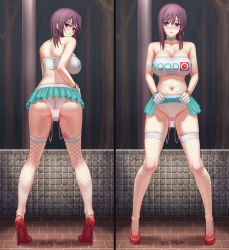 Rule 34 | 1girl, ass, blush, breasts, brown hair, cleavage, clothes lift, high heels, highres, holding, holding clothes, kamegawara nikuo, lace, lace-trimmed legwear, lace-trimmed panties, lace panties, lace trim, large breasts, lifted by self, looking at viewer, medium hair, miniskirt, original, panties, public indecency, purple eyes, red footwear, sex toy, shirt, skirt, skirt lift, strapless, strapless shirt, thighhighs, underwear, vibrator, vibrator cord, vibrator under clothes, vibrator under panties, white thighhighs
