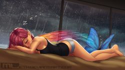 Rule 34 | 1girl, barefoot, breasts, bug, butt crack, butterfly, chemise, closed eyes, commentary, erylia (mleth), fairy, fairy wings, indoors, insect, lying, mini person, minigirl, mleth, no pants, on stomach, original, panties, pink hair, pointy ears, rain, short hair, sleeping, small breasts, solo, swept bangs, underwear, watermark, web address, window, wings, zzz