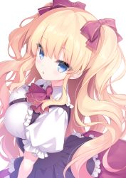 Rule 34 | 1girl, black dress, blonde hair, blue eyes, bow, breasts, collared shirt, commentary request, commission, dress, dress shirt, frilled dress, frilled shirt collar, frills, hair bow, highres, long hair, looking at viewer, looking to the side, medium breasts, original, parted lips, pixiv commission, pleated dress, puffy short sleeves, puffy sleeves, red bow, red neckwear, sacraneco, shirt, short sleeves, simple background, sleeveless, sleeveless dress, solo, two side up, very long hair, white background, white shirt