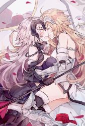 Rule 34 | 2girls, ahoge, armor, armored dress, banner, blonde hair, breasts, chain, closed eyes, commentary, fate/grand order, fate (series), faulds, flag, flower, fur trim, gauntlets, headpiece, hug, jeanne d&#039;arc (fate), jeanne d&#039;arc (ruler) (fate), jeanne d&#039;arc (third ascension) (fate), jeanne d&#039;arc alter (avenger) (fate), jeanne d&#039;arc alter (avenger) (third ascension) (fate), jeanne d&#039;arc alter (fate), kvlen, large breasts, long hair, lying, multiple girls, on side, open mouth, plackart, rose, silver hair, standard bearer, thighhighs, tsurime, yellow eyes, yuri