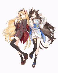 Rule 34 | 2girls, alternate costume, animal ear fluff, animal ears, artist name, asymmetrical legwear, black hair, black legwear, blonde hair, cat ears, cat tail, closed mouth, commentary, earrings, ereshkigal (fate), fate/grand order, fate (series), full body, geta, hair ribbon, ishtar (fate), japanese clothes, jewelry, kemonomimi mode, kimono, looking at viewer, multiple girls, multiple tails, obi, obijime, okobo, open mouth, paw pose, red eyes, ribbon, sandals, sash, short kimono, siblings, signature, simple background, single thighhigh, sisters, siya ho, standing, tail, thighhighs, tiara, two side up, two tails, uneven legwear, white background
