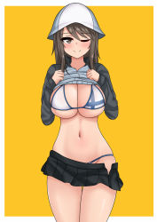 Rule 34 | 1girl, bikini, blue headwear, breasts, brown eyes, brown hair, clothes lift, clothes pull, finnish flag, finnish flag bikini, flag bikini, girls und panzer, hat, highres, keizoku military uniform, large breasts, long hair, mika (girls und panzer), one eye closed, shirt lift, skirt, skirt pull, swimsuit, the only shoe, tulip hat, unzipped, yellow background