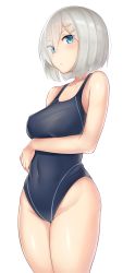 Rule 34 | 10s, 1girl, blue eyes, breasts, competition swimsuit, covered navel, eyebrows, hair ornament, hair over one eye, hairclip, hamakaze (kancolle), highres, kantai collection, large breasts, looking at viewer, navel, one-piece swimsuit, pout, short hair, simple background, solo, standing, swimsuit, thighs, usa b, white background, white hair