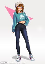 Rule 34 | 1girl, adidas, beanie, blue eyes, blush, breasts, brooke (mleth), brown hair, casual, collarbone, commentary, contrapposto, crop top, denim, english commentary, full body, hand in pocket, hat, high-waist pants, highres, jeans, long legs, looking away, medium hair, midriff, mleth, navel, original, pants, shoes, simple background, sleeves past wrists, small breasts, sneakers, solo, standing, tight clothes, tight pants, tomboy, watermark, web address