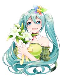Rule 34 | 1girl, alternate costume, aqua eyes, aqua hair, bare shoulders, blush, bouquet, bow, breasts, butterfly hair ornament, collar, collarbone, commentary, detached collar, dress, flower, frilled sleeves, frills, green dress, green sleeves, hair ornament, hatsune miku, highres, holding, holding bouquet, light blush, lily (flower), long hair, looking at viewer, masumofu, medium breasts, necktie, open mouth, plaid sleeves, smile, solo, strapless, strapless dress, twintails, upper body, very long hair, vocaloid, white background, yellow necktie