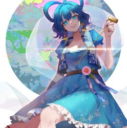 Rule 34 | 13 (spice!!), 1girl, abstract background, belt, blue dress, blue eyes, blue hair, breasts, commentary request, dress, earrings, feet out of frame, floral print, flower, frills, grin, hagoromo, hair intakes, hair ornament, hair rings, hair stick, hand up, highres, holding, holding stick, jewelry, kaku seiga, looking at viewer, medium breasts, open clothes, open vest, petticoat, pink flower, puffy short sleeves, puffy sleeves, shawl, short hair, short sleeves, simple background, smile, solo, stick, touhou, vest, white background, white vest