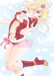 Rule 34 | 10s, 1girl, adapted costume, ayase eli, blonde hair, blue eyes, boots, breasts, capelet, center opening, flower, frapowa, fur boots, fur trim, gloves, hair flower, hair ornament, knee boots, love live!, love live! school idol project, medium breasts, navel, nipple slip, nipples, pom pom (clothes), ponytail, red footwear, skirt, snow halation, solo