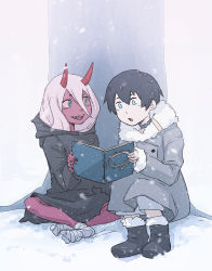 Rule 34 | 10s, 1boy, 1girl, absurdres, black hair, black robe, boots, coat, colored skin, darling in the franxx, green eyes, hair between eyes, highres, hiro (darling in the franxx), horns, long hair, long sleeves, red skin, robe, short hair, silver hair, snow, snowing, solkorra, user xkhc2844, winter, winter clothes, winter coat, zero two (darling in the franxx)
