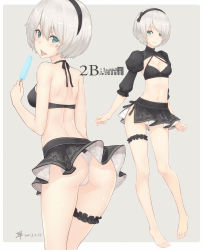 Rule 34 | 1girl, 2017, :d, :p, adapted costume, arms at sides, ass, back, bare arms, bare legs, bare shoulders, barefoot, bikini, bikini skirt, bikini top only, black bikini, black hairband, black ribbon, blue eyes, breasts, bridal garter, character name, cleavage, closed mouth, cowboy shot, dan (kumadan), dated, food, frilled sleeves, frills, from behind, hairband, halterneck, highres, holding, holding food, juliet sleeves, long sleeves, looking at viewer, looking back, md5 mismatch, mole, mole under mouth, multiple views, navel, nier:automata, nier (series), no blindfold, open mouth, pigeon-toed, popsicle, puffy sleeves, ribbon, shoulder blades, silver hair, small breasts, smile, standing, stomach, swimsuit, tongue, tongue out, 2b (nier:automata)