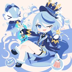 Rule 34 | ahoge, black gloves, blue eyes, blue hair, blush, bubble, chibi, cobalta, crossed legs, furina (genshin impact), genshin impact, gloves, long sleeves, looking at viewer, multicolored hair, one eye closed, open mouth, short hair, smile