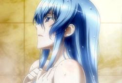 Rule 34 | 10s, 1girl, akame ga kill!, bathing, blue eyes, blue hair, colored eyelashes, esdeath, highres, long hair, matching hair/eyes, open mouth, solo, square enix, stitched, third-party edit, water, wet