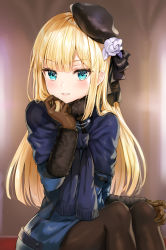 Rule 34 | 1girl, absurdres, aqua eyes, blonde hair, blunt bangs, blush, eyelashes, fate/grand order, fate (series), gloves, hand up, hat, high collar, highres, lips, long hair, looking at viewer, lord el-melloi ii case files, pantyhose, parted lips, reines el-melloi archisorte, sitting, smile, solo, sweater, sweater around neck, tokkyu