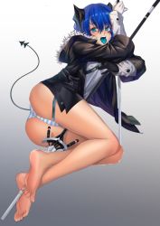 Rule 34 | 1girl, arknights, bad id, bad pixiv id, bare legs, barefoot, blue tongue, colored tongue, energy wings, feet, female focus, gloves, grey gloves, halo, hood, hooded jacket, jacket, mostima (arknights), open mouth, panties, solo, striped clothes, striped panties, tail, underwear, xo (xo17800108)