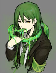 Rule 34 | 1boy, armband, commentary request, green armband, green background, green hair, green necktie, lobotomy corporation, long hair, long sleeves, male focus, necktie, netzach (project moon), nishikujic, project moon, sailor collar, shirt, simple background, snake, solo, upper body, white shirt, yellow eyes