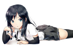 Rule 34 | 10s, 1girl, :o, asashio (kancolle), black hair, black thighhighs, blue eyes, kagkfc1z, kantai collection, long hair, looking at viewer, lying, on stomach, pleated skirt, skirt, solo, suspenders, thighhighs