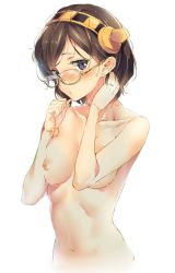 Rule 34 | 10s, 1girl, aida takanobu, bad id, bad twitter id, blush, breasts, brown hair, collarbone, commentary request, glasses, green-framed eyewear, hairband, headgear, holding, holding own hair, jewelry, kantai collection, kirishima (kancolle), looking at viewer, medium breasts, navel, nipples, nude, personification, ring, semi-rimless eyewear, short hair, simple background, solo, tsurime, under-rim eyewear, wedding band, wedding ring, white background