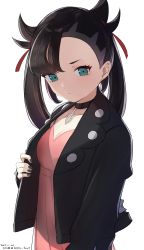 Rule 34 | 1girl, aqua eyes, asymmetrical bangs, black choker, black hair, black jacket, black nails, blush, breasts, choker, cleavage, closed mouth, collarbone, creatures (company), dated, dress, game freak, hair ribbon, highres, hirota fruit, jacket, long hair, long sleeves, looking at viewer, marnie (pokemon), nail polish, nintendo, open clothes, open jacket, pink dress, pokemon, pokemon swsh, red ribbon, ribbon, simple background, small breasts, solo, twintails, upper body, white background