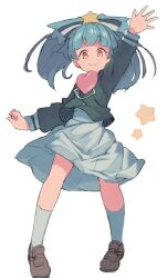 Rule 34 | 1girl, arm up, black jacket, blue hair, bow, full body, hair bow, heart, heart out of chest, hoshikawa lily, jacket, kneehighs, long hair, long sleeves, looking at viewer, orange eyes, shimazaki1152, shoes, simple background, skirt, smile, socks, solo, star (symbol), white background, white skirt, zombie land saga