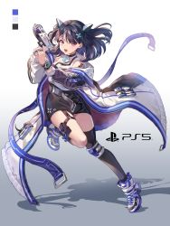 Rule 34 | 1girl, absurdres, bare shoulders, black hair, full body, game console, gun, hair ornament, hairclip, highres, long sleeves, open mouth, original, playstation 5, pongu, puffy long sleeves, puffy sleeves, purple eyes, shadow, shoes, sneakers, teeth, weapon, white background, x hair ornament