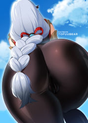 Rule 34 | 1girl, ass, ass focus, blue sky, bodysuit, braid, cameltoe, cleft of venus, cloud, commentary, english commentary, from below, genshin impact, hair ornament, highres, long hair, low-braided long hair, low-tied long hair, outdoors, patreon username, shenhe (genshin impact), sky, solo, thighs, tofuubear