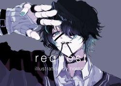 Rule 34 | 1boy, aqua eyes, aqua hair, aqua nails, artist name, black choker, black hair, blouse, chain, choker, collared shirt, commentary request, commission, english text, eyepatch, grey background, hand up, highres, homare eramoh, jewelry, looking at viewer, male focus, multicolored hair, multiple rings, nail polish, one eye covered, original, ring, shirt, simple background, skeb commission, streaked hair, upper body, white shirt