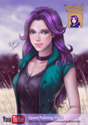 Rule 34 | 1girl, abigail (stardew valley), absurdres, aqua eyes, black choker, black hair, black shirt, blurry, blurry background, breasts, choker, cleavage, cloud, cloudy sky, collarbone, commentary, copyright name, david mccartney, depth of field, english commentary, english text, grass, highres, logo, long hair, looking at viewer, making-of available, medium breasts, open clothes, open shirt, outdoors, photo inset, pink lips, pixel art, reference inset, shirt, shirt under shirt, signature, sky, solo, speedpaint, standing, stardew valley, watermark, web address, youtube logo, youtube username